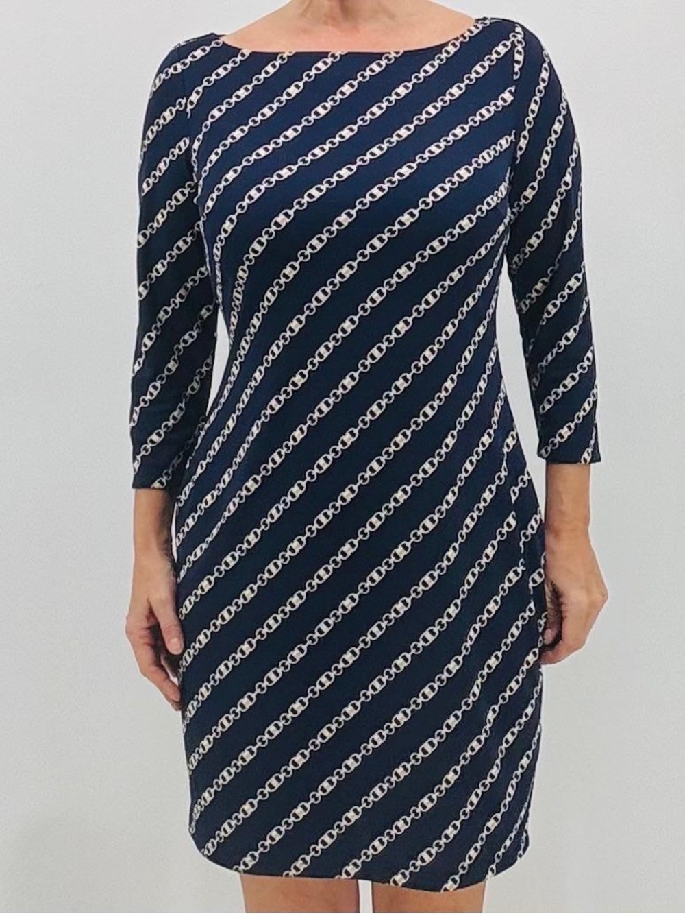 Lauren Ralph Lauren Equestrian Classic Chain Link Navy Work Career Sheath Dress
